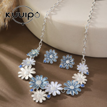 跨境热销款锌合金画油花朵项链耳环套装清新甜美百搭女士珠宝套装