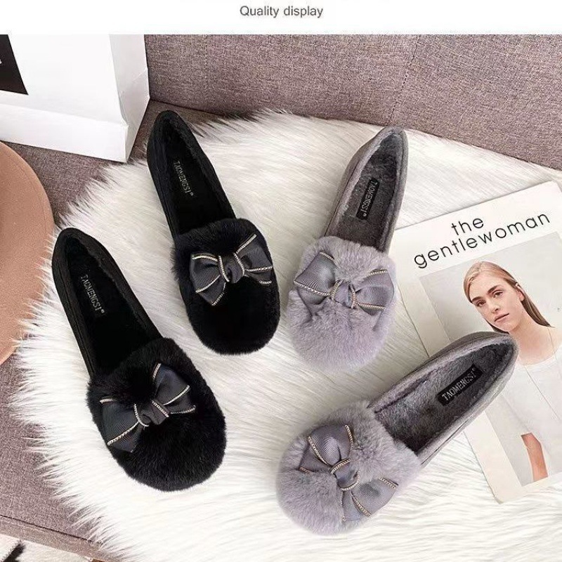 冬季新款毛毛鞋豆豆女冬加绒鞋外穿一脚蹬平底鞋新品鞋大码女