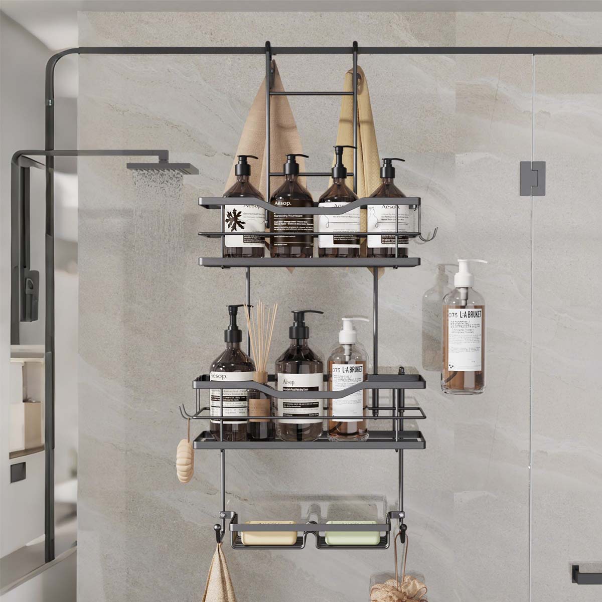 Puerta de baño transfronteriza estante trasero inodoro seco y húmedo desmontable gel de ducha sin perforación estante de jabón artefacto de almacenamiento