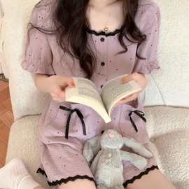 韩版蕾丝花边领睡衣女夏季新款可外穿波点碎花短袖少女家居服套装