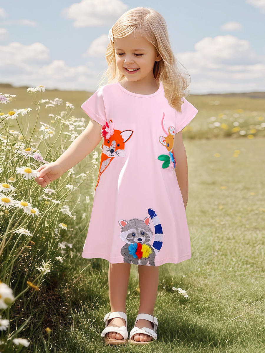 Fábrica fuente vestido de niña al por mayor de verano dibujos animados mangas cortas falda de niños bordado vestido de niños europeos y estadounidenses