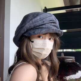 日系小众复古褶皱汉麻贝雷帽女2025新款大头围显脸小八角帽画家帽