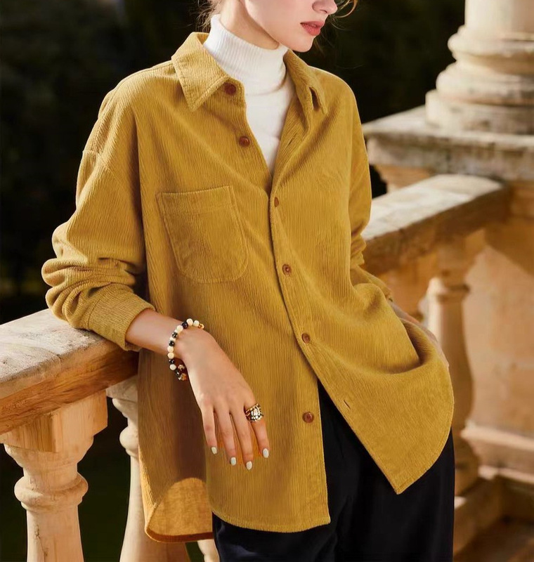 Ginger Yellow Corduroy Lapel Long-Sleeved Shirt for Women 2026 Spring New Style Elegant Work Clothing Shirt Layered Top