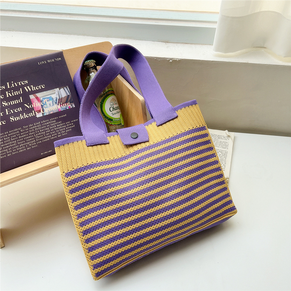 202g Weight Polyester Lining Material Buckle Closure Type Double Shoulder Straps Strap Type Tote Bag Bags Type Daily, Shopping Occasion Knit Material Stripe Pattern All Seasons Season Women's Gender Classic Style Style Medium Size Women's Medium Knit Stripe Classic Style Buckle Tote Bag 8