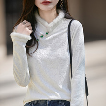 新中式刺绣毛领上衣女式25秋冬新款提花国风立领长袖打底衬衣