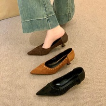 法式小猫跟复古尖头高跟鞋女鞋子2025新款秋季气质名媛风黑色单鞋