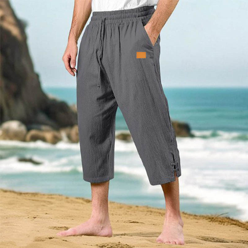 New Cross-Border Amazon Men's Casual Summer Drawstring Waist Straight-Leg Pants Cotton Linen Cropped Pants Loose Beach Pants