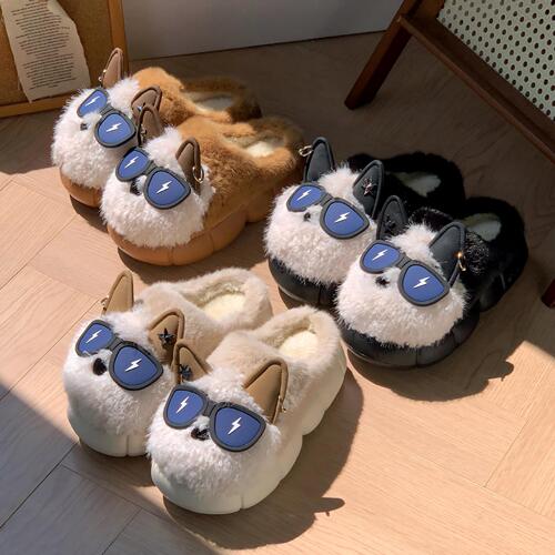 Lightning Dog Cotton Slippers for Men and Women, Winter Couple Home Slippers, Non-slip Cartoon Plush Slippers with Thick Soles, Winter