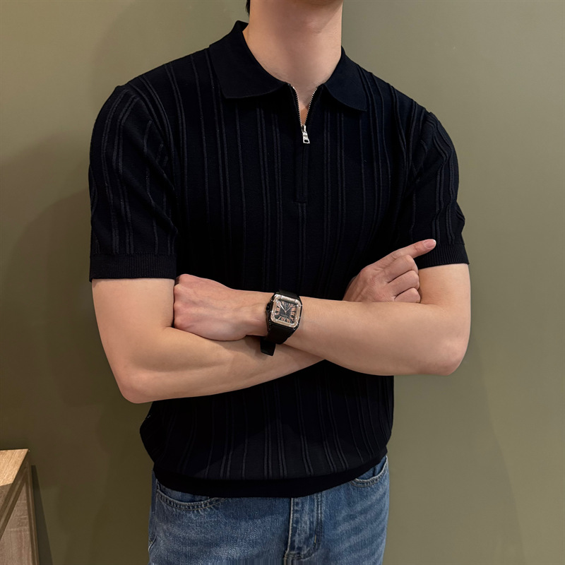 Zipper jersey polo de manga corta hombre verano americano retro commuting suelto vertical rayas pozo cuello camiseta hombre