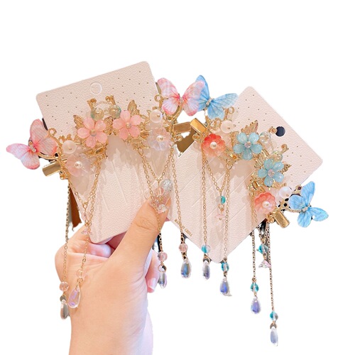 Chinese-style children's head accessory set for girls, Hanfu hair clip, ancient-style hairpin, hair accessory with flowing fairy tail, small butterfly hair decoration