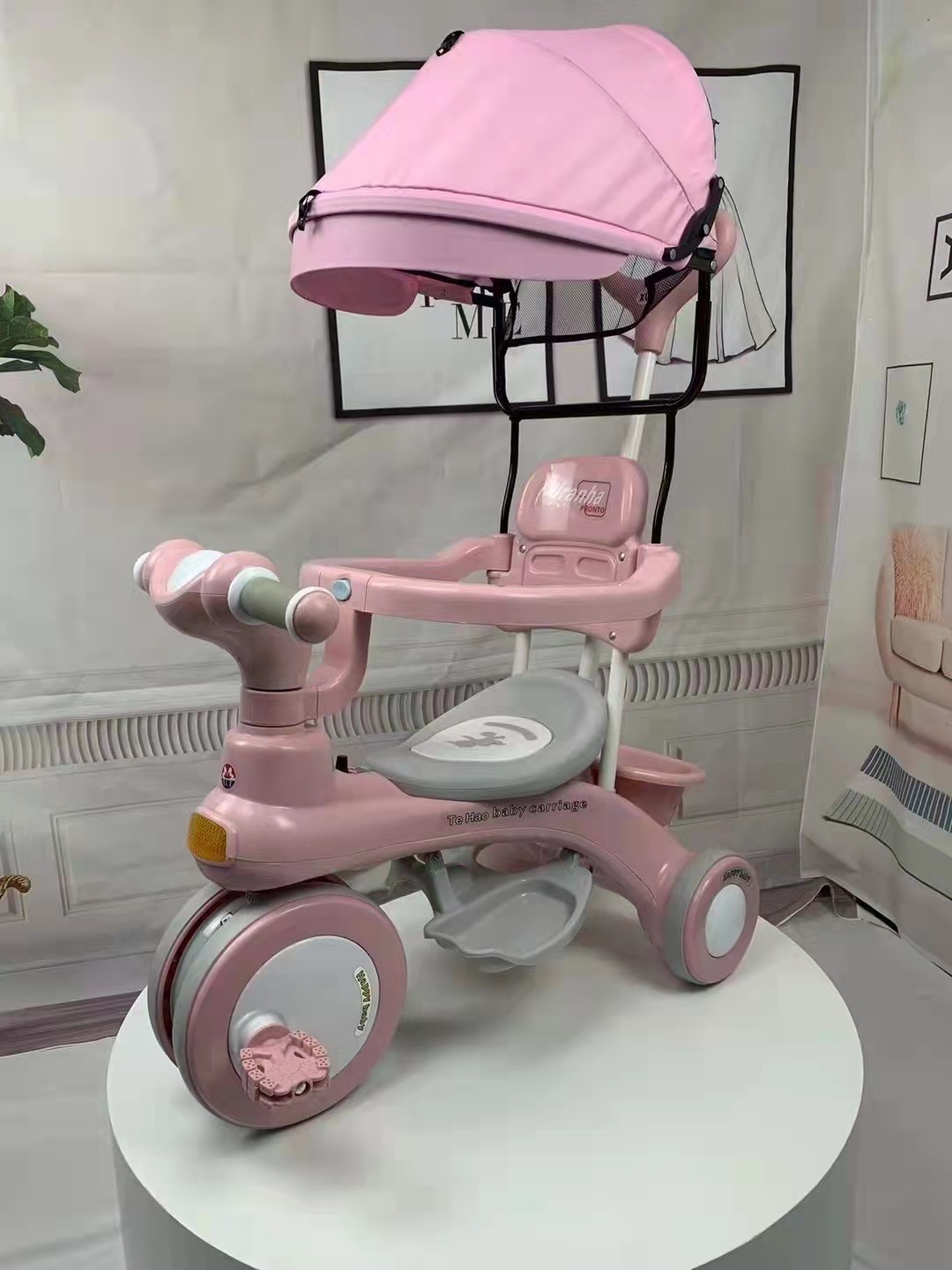 Triciclo de Empuje para Niños de 1 a 6 Años de Plástico con Barandillas y Toldo