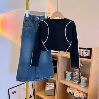 女童秋装新款套装2024中大童长袖时髦牛仔裤儿童秋季阔腿裤两件套