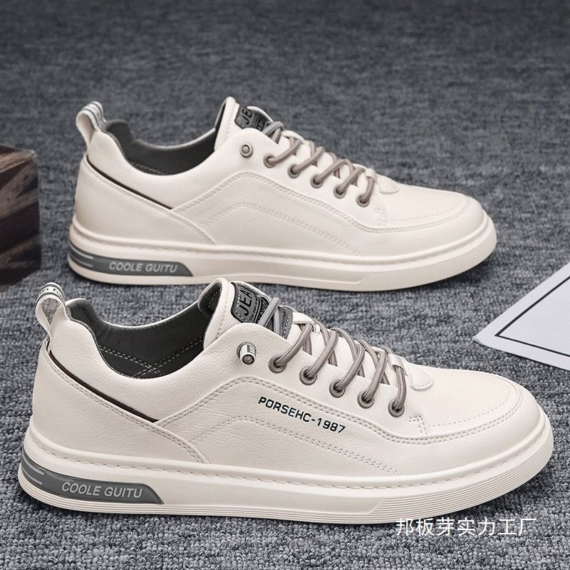 Cowhide Men's Sneakers 2024 New Trendy Casual Shoes Versatile Leather Shoes Men's Slip-On White Wholesale