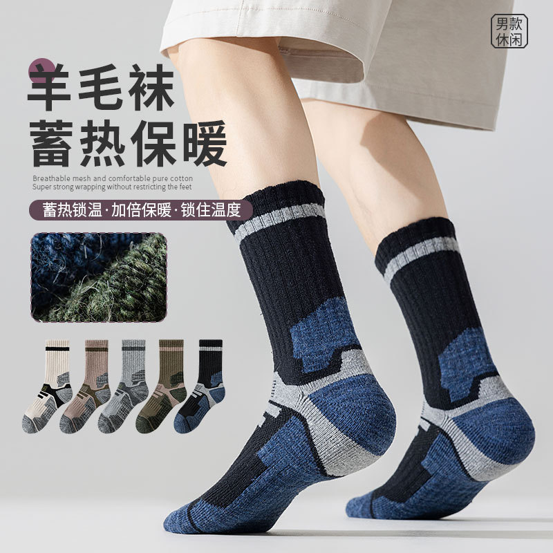 Wool Sports Socks Men's Mid-Calf Socks Professional Running Hiking Mountaineering Skiing Thickeneded Warm Terry Men's Stockings