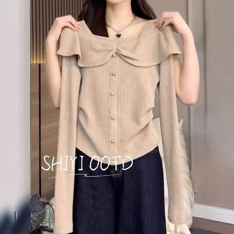 Counter Withdrawal ~ Cut Label Counter French Pleated Ruffled Long-Sleeved T-Shirt Women's Waist Slimming Look Niche Top Ins