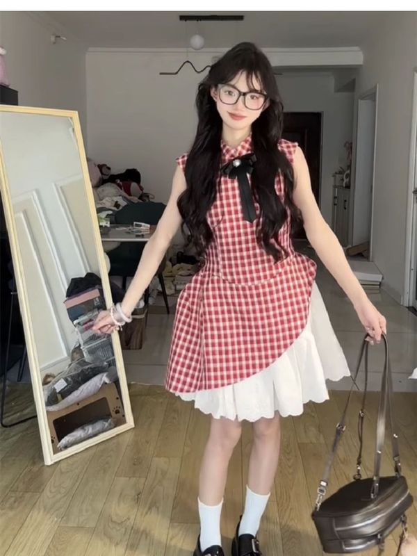 カレッジスタイルの赤いチェック柄のケーキふわふわドレス女の子の誕生日スカート甘い気質ウエスト痩身ベストドレス|undefined