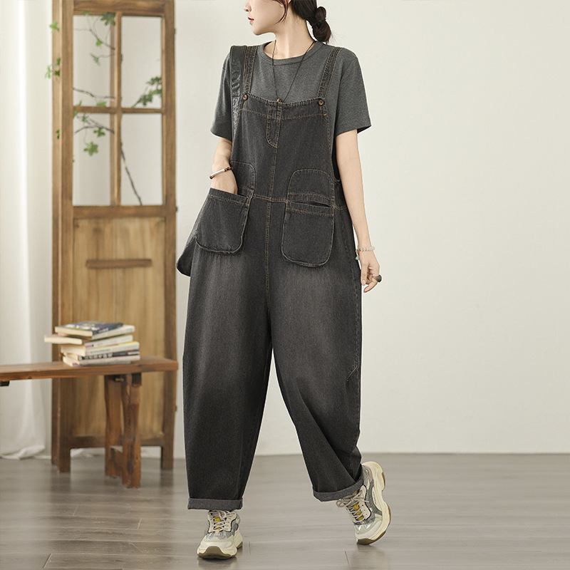 2025 Spring/Summer New Women's Versatile Retro Loose Adjustable Strap Large Pocket Overalls Jumpsuit Jeans