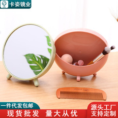 台式簡約鏡子創意學生便攜化妝公主鏡桌面化妝鏡帶收納圓形梳妝鏡