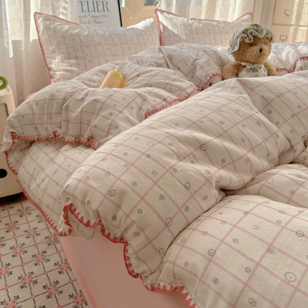 Shell-edged double-layer gauze - plaid flowers [100% cotton, skin-friendly, sleeping naked]