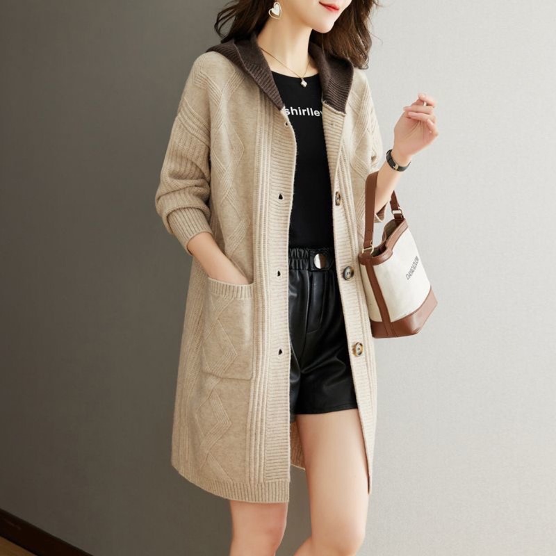 秋冬の帽子の中の長いニットのセーターの女性のゆったりしているファッションの厚いセーターのコートの新型の衝突色のパーカーのカーディガン|undefined