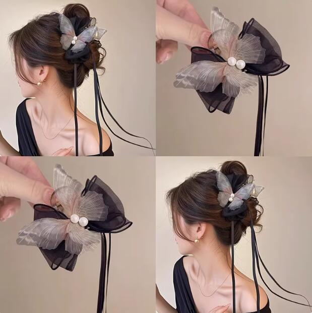 後頭部に蝶結びヘアピンを付けた女性、超妖精のリボン、新しい中国風のポニーテールクリップ、漢服チャイナドレス、古代風の頭飾り|undefined