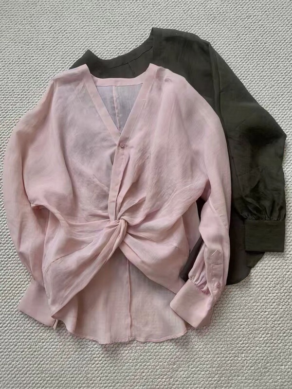 No D Recommended! Low-Saturation Pink V-Neck Twist Design Ramie Shirt for Women, Summer Relaxed and Lazy Style Top