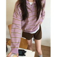 2025秋冬新款复古条纹长袖polo领针织衫女韩系毛衣