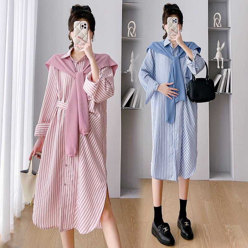 Real shot maternity dress 2023 autumn new cotton mid-length casual striped shirt dress with shawl