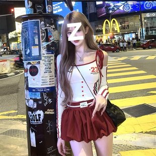 Slightly Fat American-Style Strappy Navel-Baring Long-Sleeved T-Shirt Top for Women Early Autumn Sexy Sexy Low-Waist Bud Skirt Suit