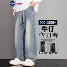 NASA大码牛仔裤男秋季潮牌加绒直筒弯刀裤胖子宽松加肥加大休闲裤