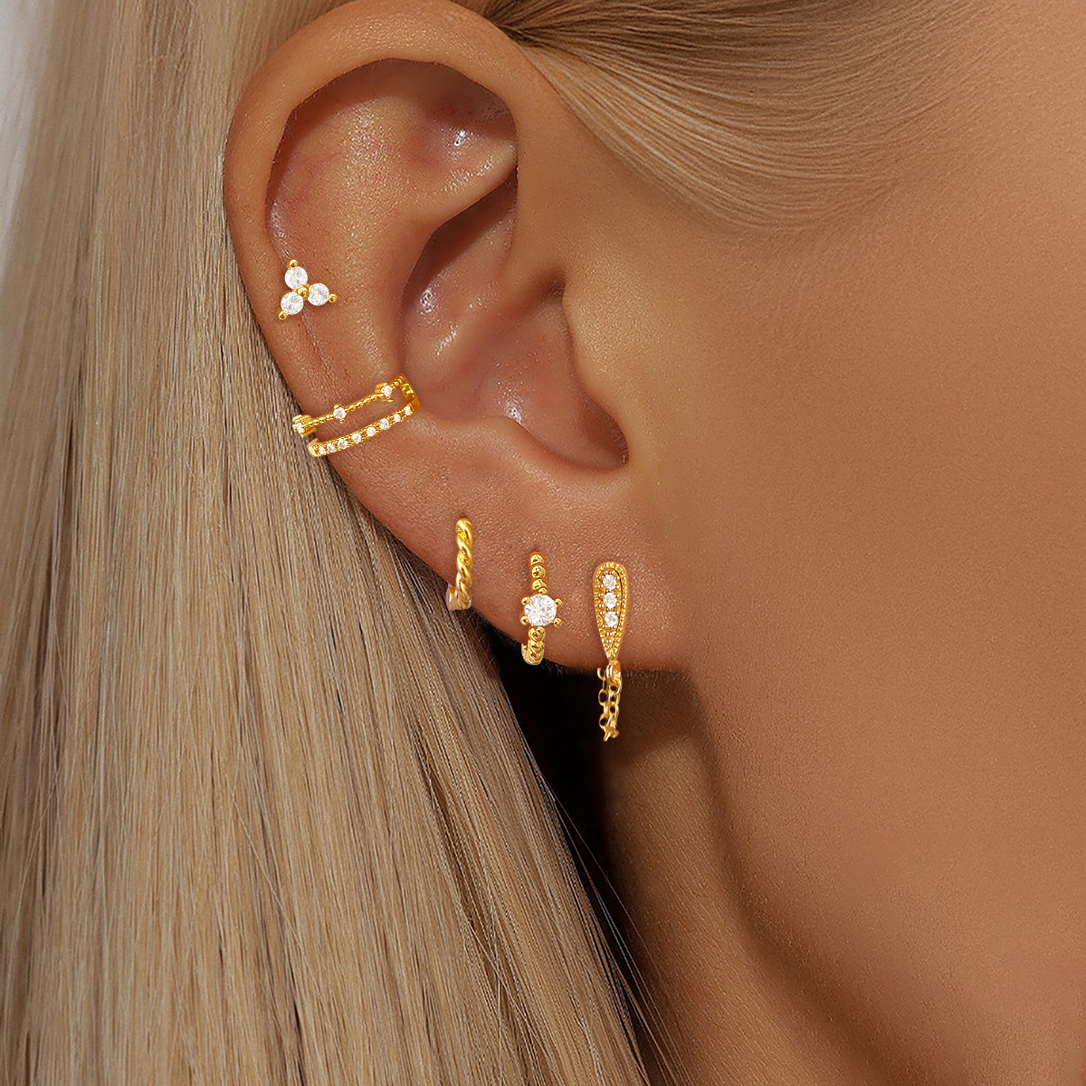 Cross-border European and American high-end floral zircon earrings, fashionable new versatile personalized hoop and stud earring sets wholesale