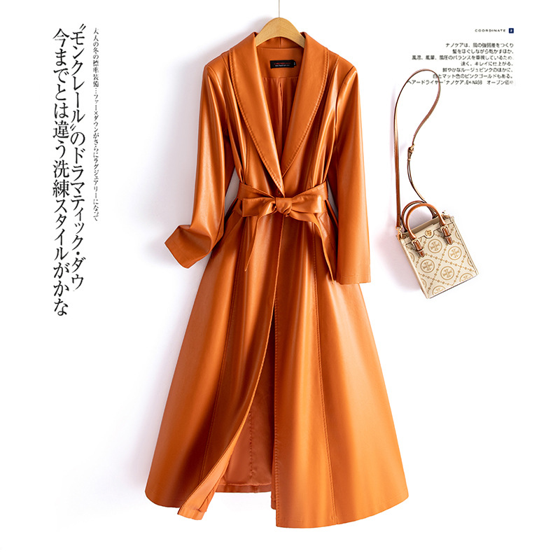 2024 Kafulandi Autumn/Winter New Korean Style Leather Trench Coat Women's PU Leather Jacket Long Slim Fit Plus Size 817