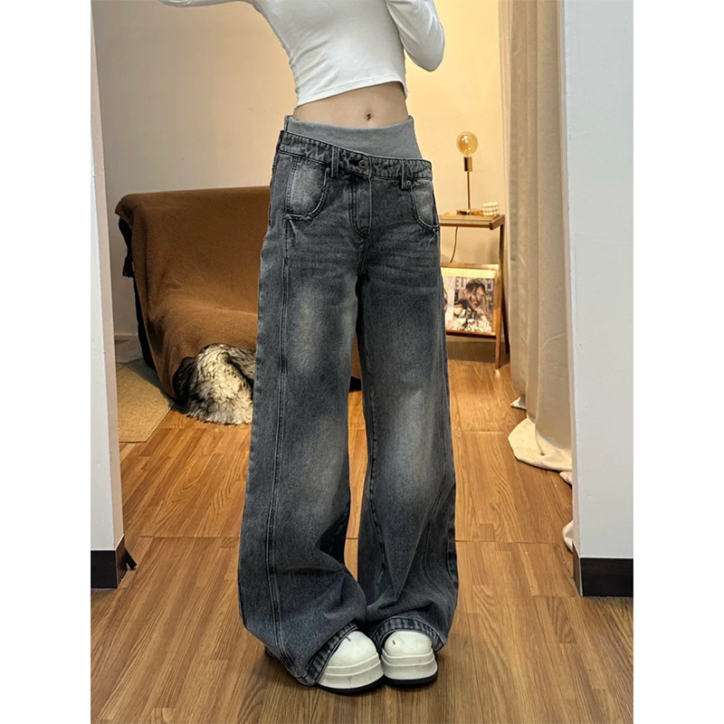 Vintage Washed Asymmetrical Double-Waist Flared Jeans for Women, 2026 Spring New Straight-Leg Floor-Length Pants
