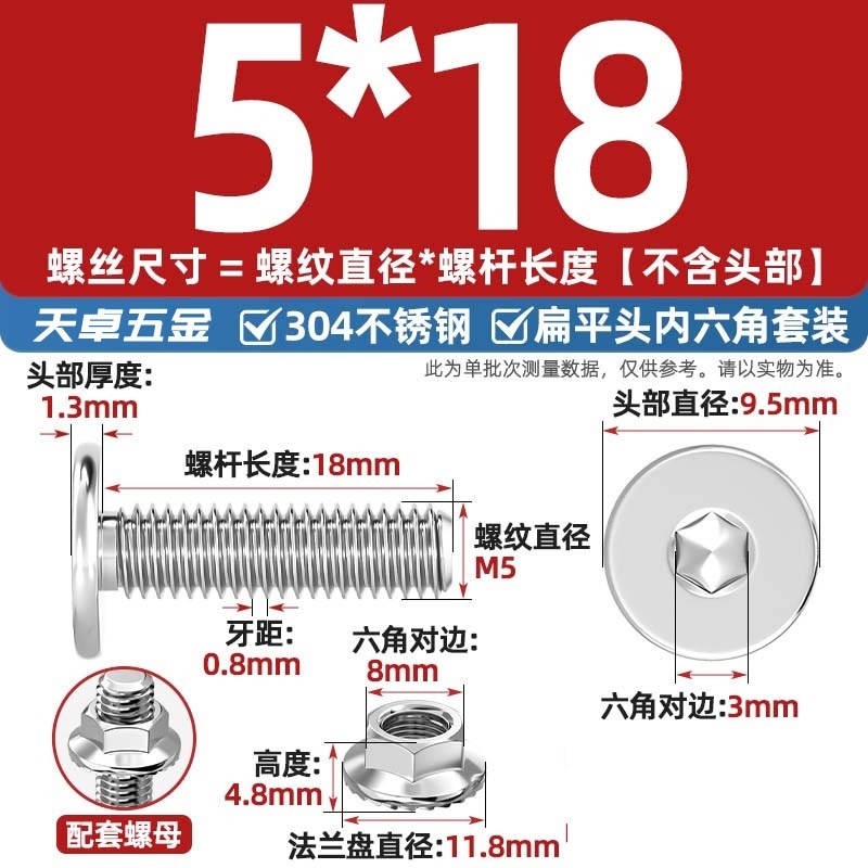304不锈钢CM大平头超薄头C头扁平头内六角螺丝钉法兰边螺母套装M5|undefined