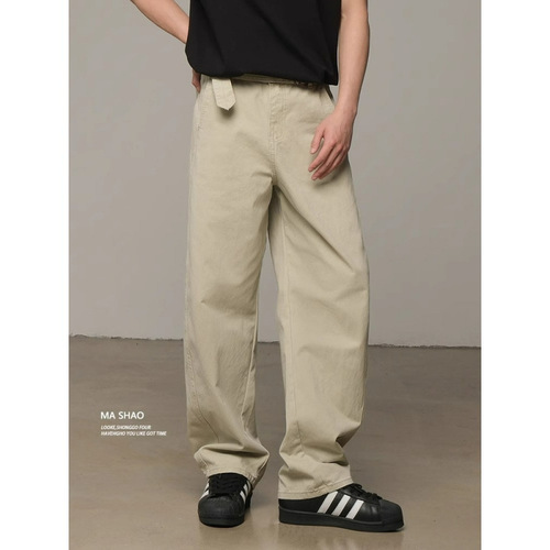 American Retroasu Style Washed Work Pants for Men - Autumn/Winter Old Money Style Straight Leg Casual Pants