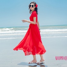 夏季新款雪纺连衣裙海南三亚海边度假大摆长裙显瘦短袖沙滩裙超仙
