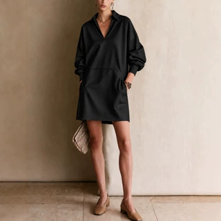 2026跨境欧美独立站秋冬新款女士时尚休闲风翻领长袖迷你衬衫裙