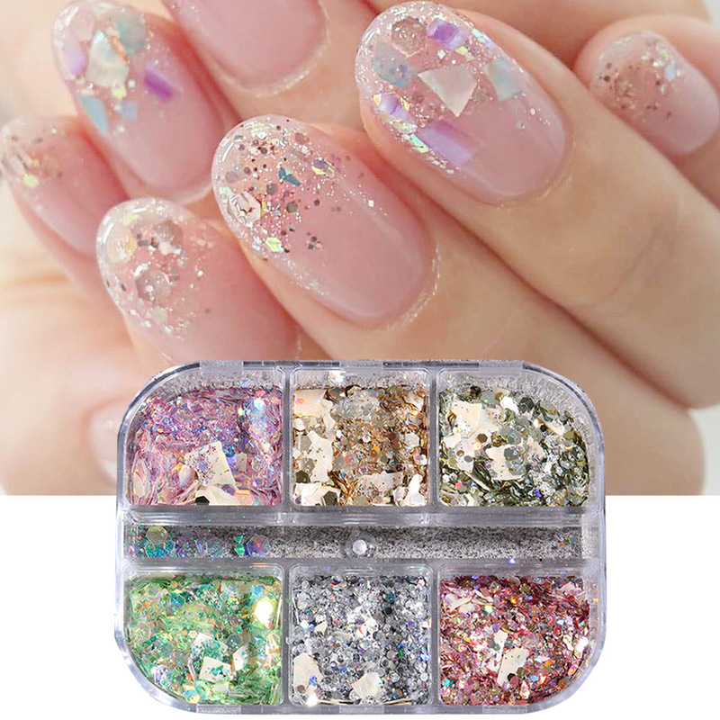 2022 New nail Art Glitter Powder 6 Boxed Shell Galaxy Powder Shell Slice Transsome nail Sequins