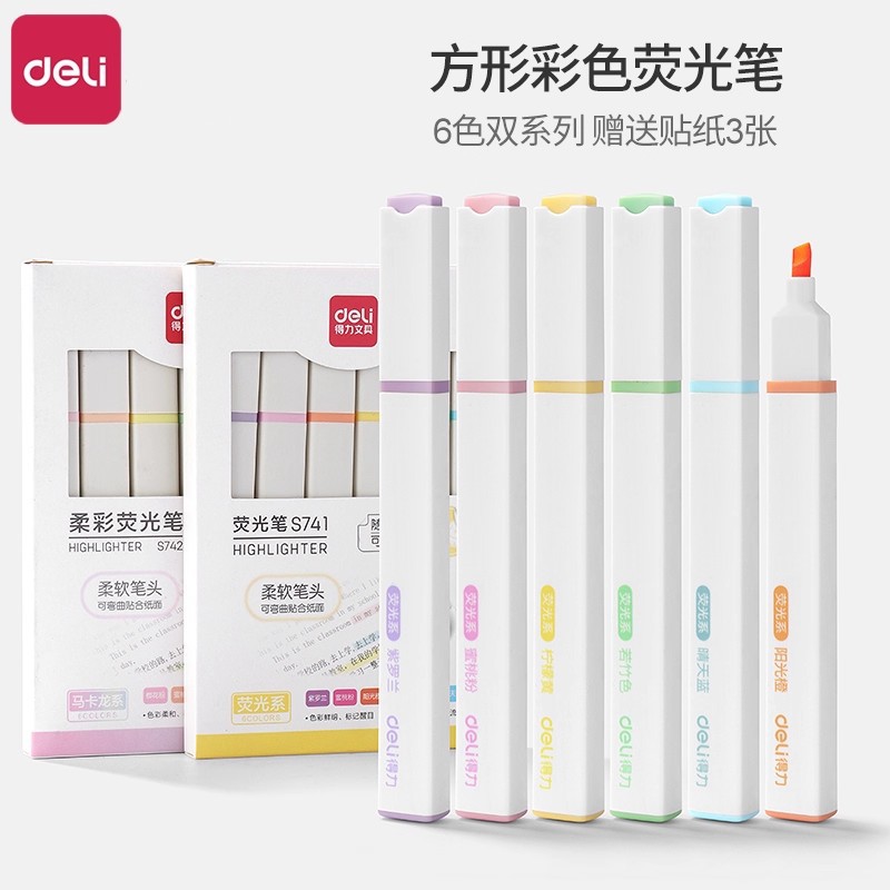 Deli Highlighter Pen Set of 6 Colors for Students, Highlighting and Note-Taking, Light Color Series, Eye-Friendly Soft Tip