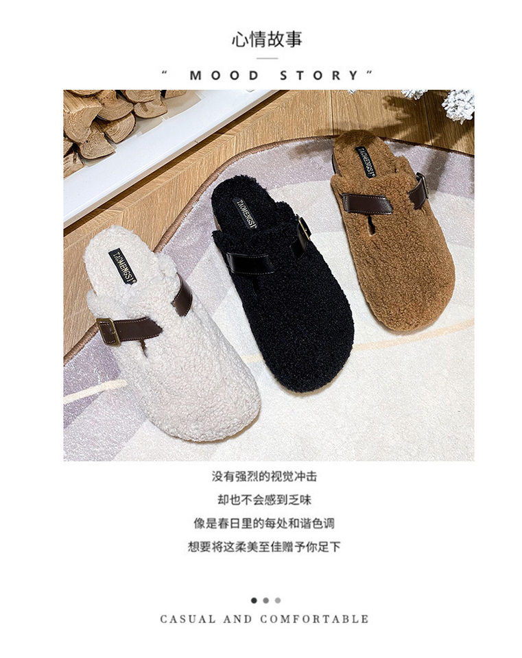 Dép nửa gót bít mũi lông xù kiểu Birkenstock cổ điển cho nữ, mũi tròn — Màu nâu, Màu trắng sữa, Màu đen chi tiết 4