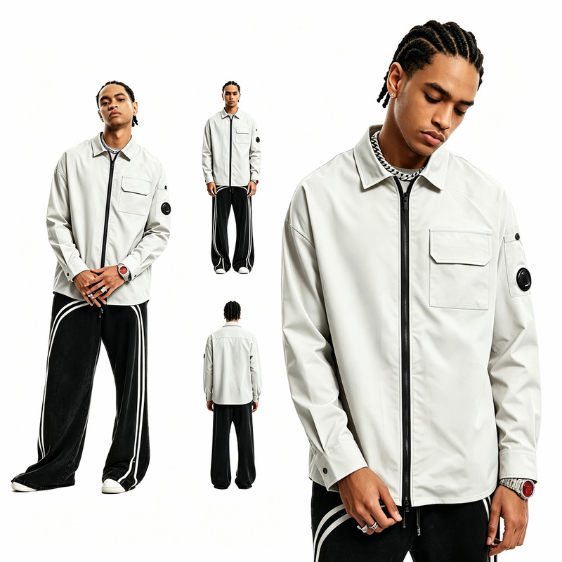 Cross-border CP lapel zipper shirt jacket for men, light gray, with sleeve pocket and chest pocket, lightweight trendy cardigan jacket Cross-border CP lapel zipper shirt jacket for men, light gray, with sleeve pocket and chest pocket, lightweight trendy cardigan jacket