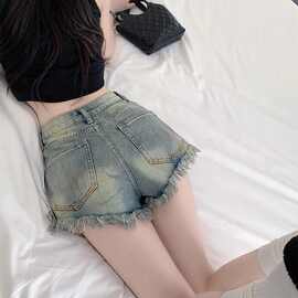 水洗做旧流苏毛边宽松阔腿显瘦字型牛仔短裤女夏天外穿热裤子