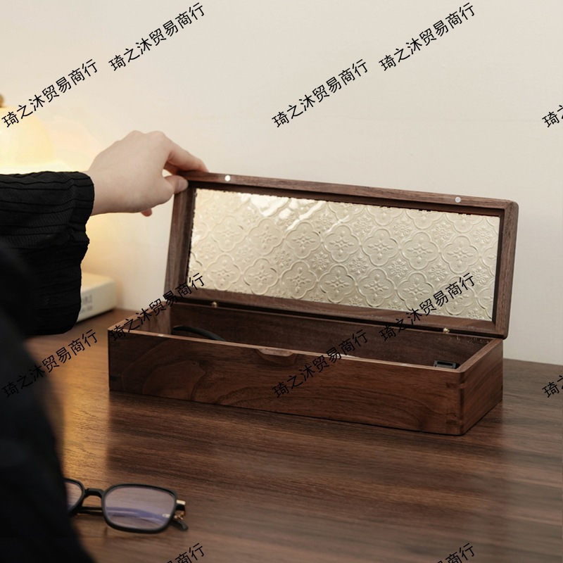 Storage Box Black Walnut Magnetic Desktop Collection Watch Begonia Flower Glass Solid Wood Cover Box Mortise and Tenon Finishing Box