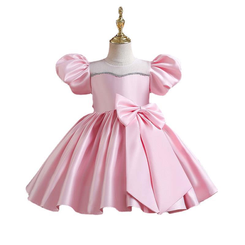 106059819@qq.com Vestido infantil estilo coreano com laço grande, tecido de cetim, ideal para o primeiro aniversário da bebê ou para daminhas de honra._voghion.com