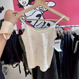 BM风花边领小兔子镂空印花吊带背心女bm辣妹纯欲修身内搭外穿上衣