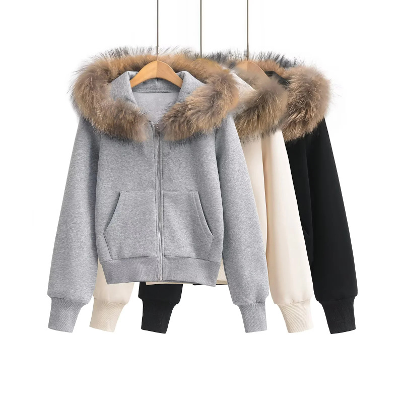 Hooded Detachable Fluffy Raccoon Fur Collar Loose Korean Style Women's Autumn and Winter Fleece-Lined Zipper Cardigan Short Sweatshirt National Trend