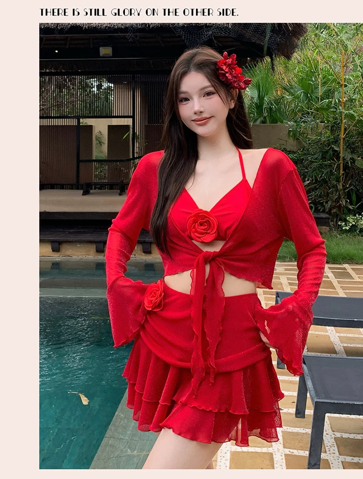 Plus-size Red Four-piece Bikini Set With Long Sleeve Sun Protection_voghion.com