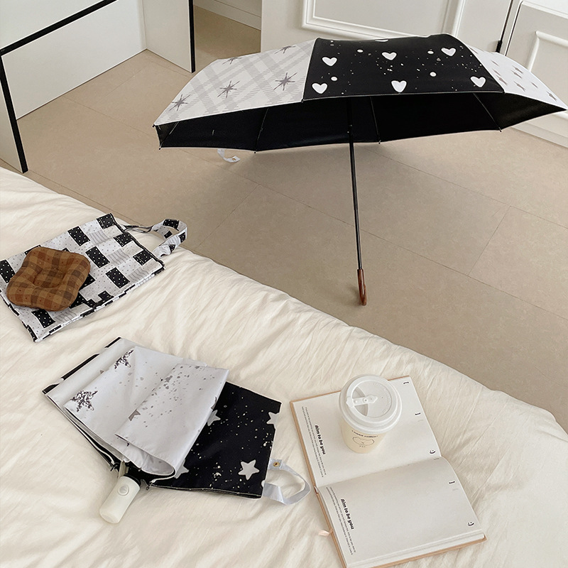 星星拼布弯钩太阳伞黑胶雨伞晴雨两用折叠防晒防紫外线遮阳伞便携|undefined