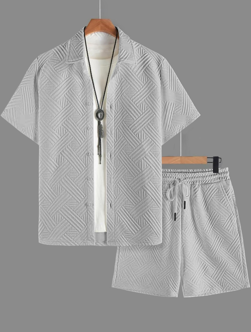 Men's Solid Colour Jacquard Shirt And Shorts Casual Summer Set_voghion.com