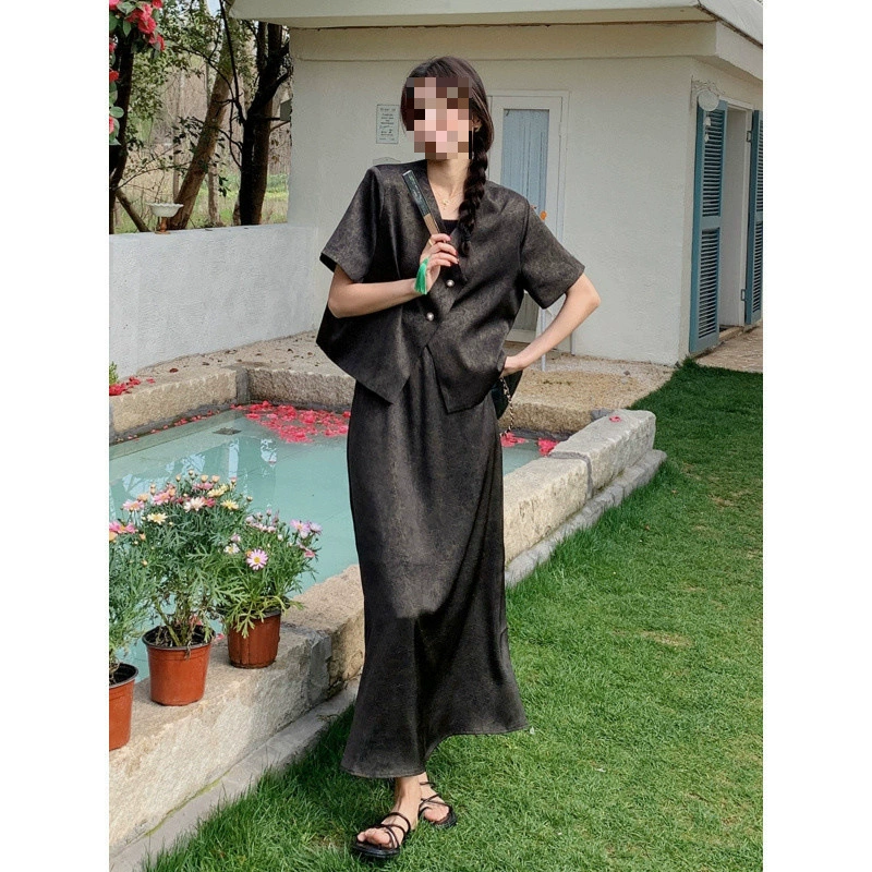 H2C черный новый ацетатный костюм в китайском стиле, летняя женская новая ретро свободная легкая юбка в зрелом стиле, две